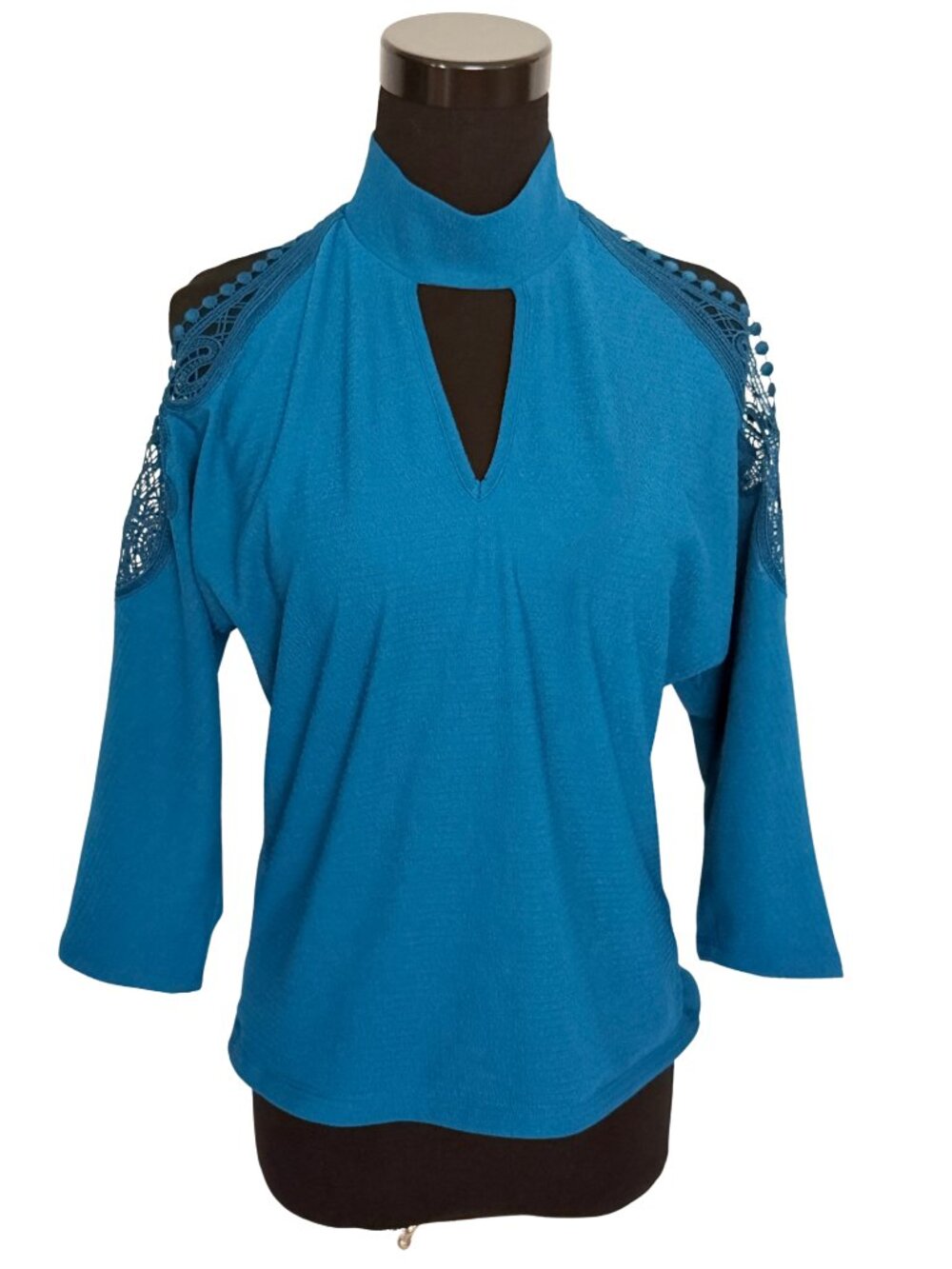 7th Avenue Design Studio Blue Cold Shoulder Choker Top XS Lace 3/4 Sleeve